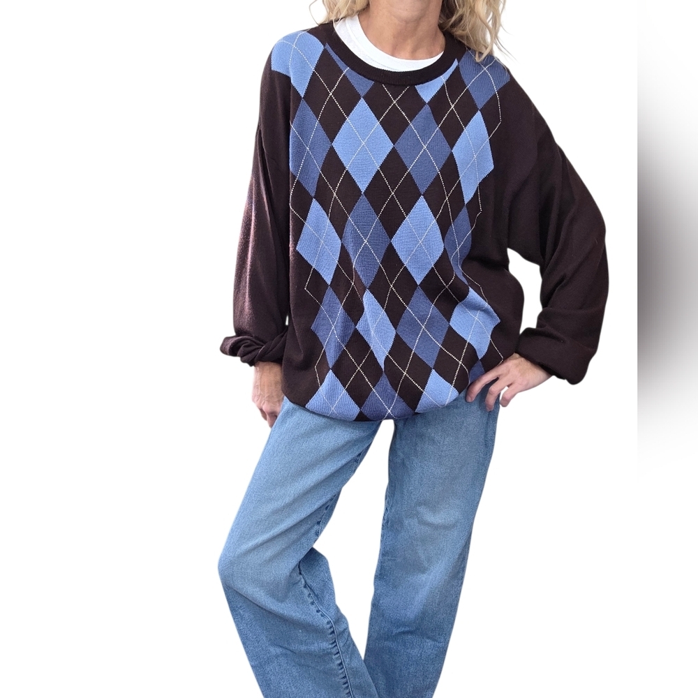 Vintage Italian Wool Blend Argyle Sweater Oversized Brown Blue Preppy - Picture 2 of 8